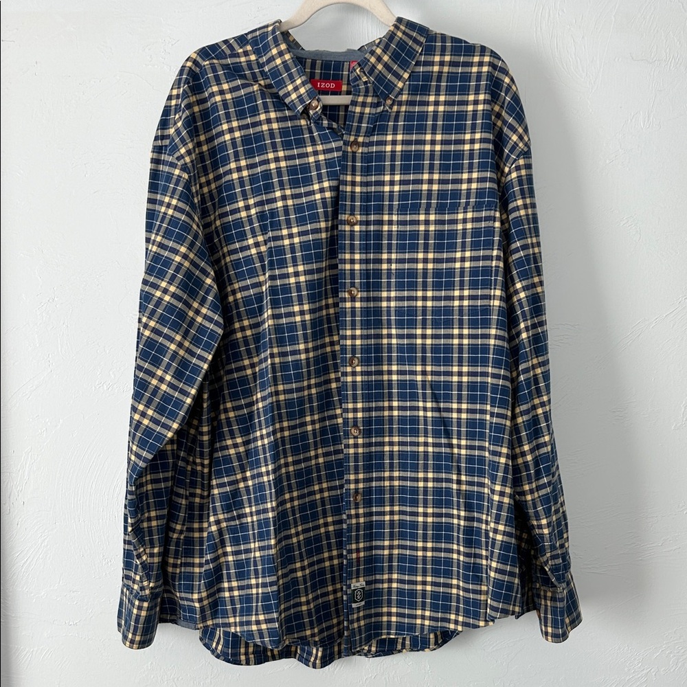 Izod Navy and Mustard Plaid Tartan Men's Button Up Business Shirt